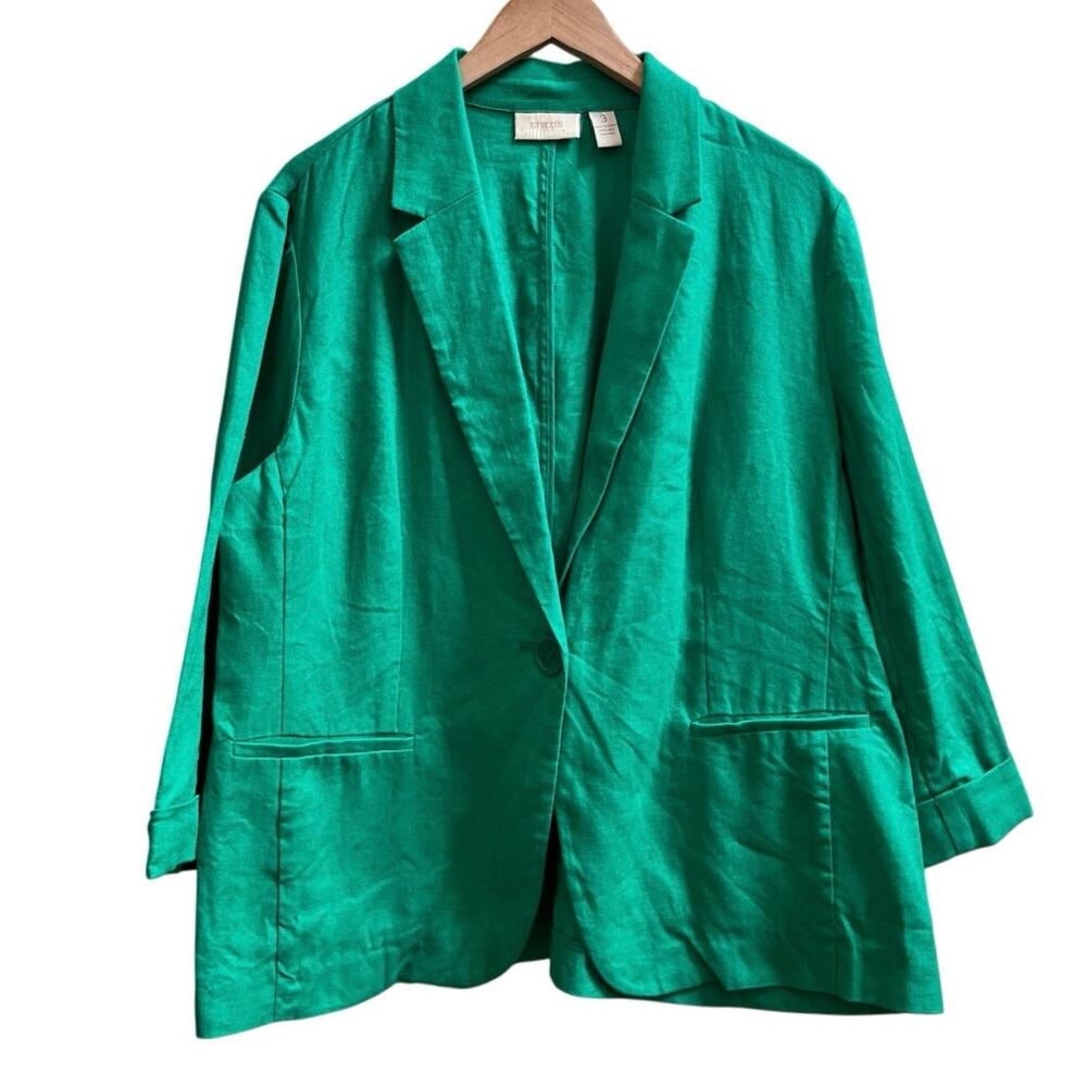 Chico’s Kelly Green Linen 3/4 Sleeves Pocket One Button Blazer XL/16 Preppy